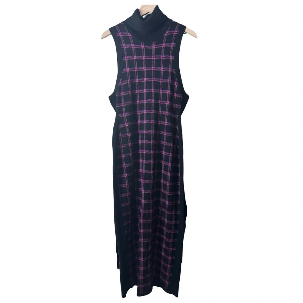 Toccin Peggy Sleeveless Plaid Knit Midi Dress Tie Waist XL Purple Multi